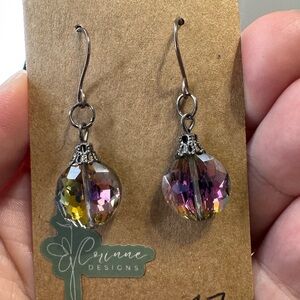Gold and Purple Faceted Earrings with Iridescent Beads